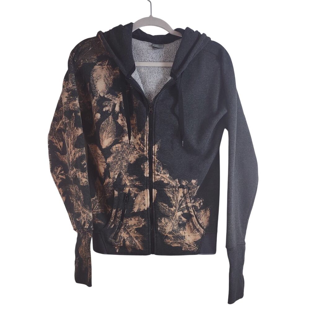 Champion Black Zip Hoodie with Tan Leaf Print